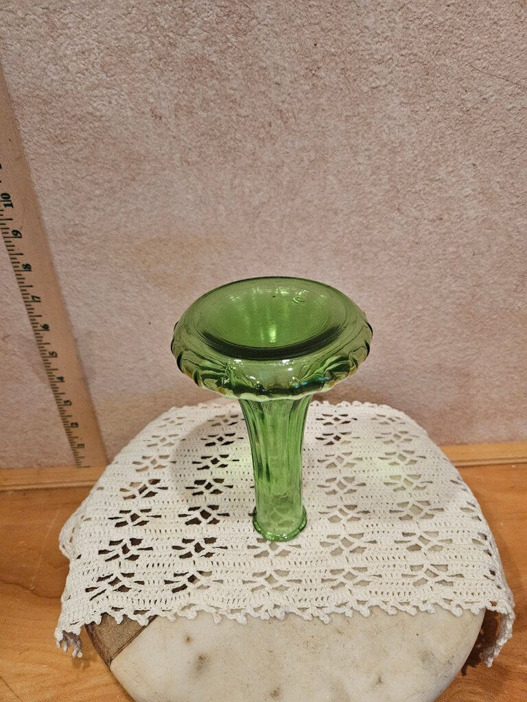 Vintage Bottle Green Genie Bottle Glass Bud Vase Ribbed Fluted Footed Flower Container