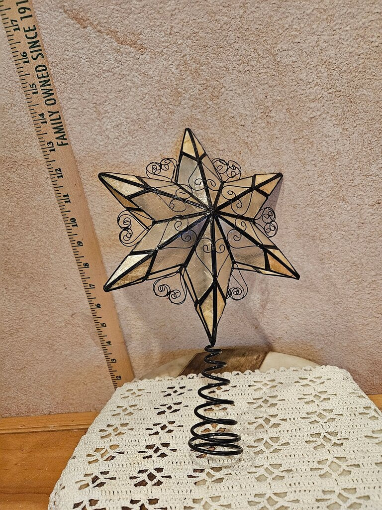 Capiz Shell Star Christmas Tree Topper Black Scroll Iron Frame Mother of pearl 5 Pointed Star 11" Decorative Grandmacore Country Granny Core