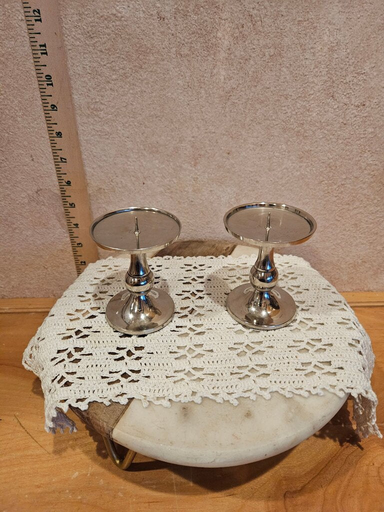 Pair of Silver Pillar Candle Holders Set Elegant tableware