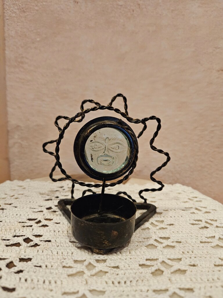 Vintage Beveled Glass & Rustic iron celestial Sun Candle Holder Gothic Tarot whimsical witch altar