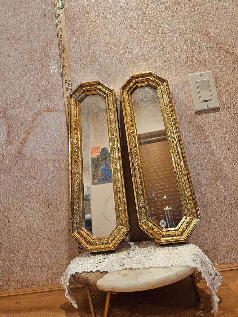 Pair Of Vintage HomCo Gold Octagon Skinny Wall Mirrors Resin frames Hollywood Regency Decor Home Interiors