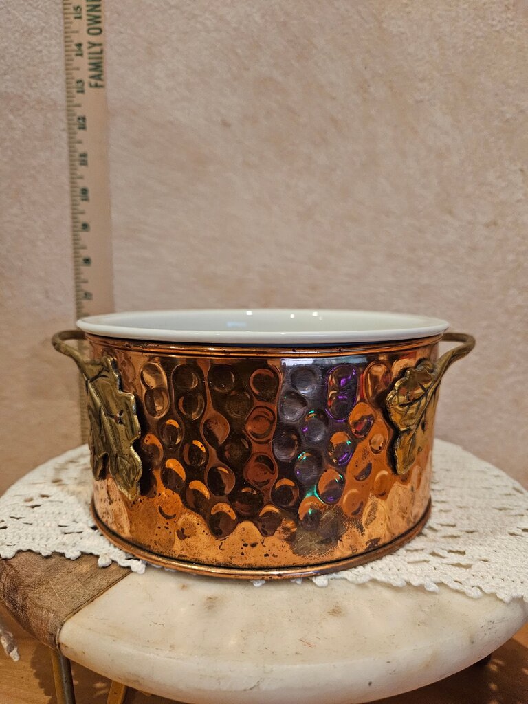 Vintage Telaflora Hammered Copper Ceramic Casserole Dish w Brass handles Serving dish upcycle copper planter, Gratin Dish