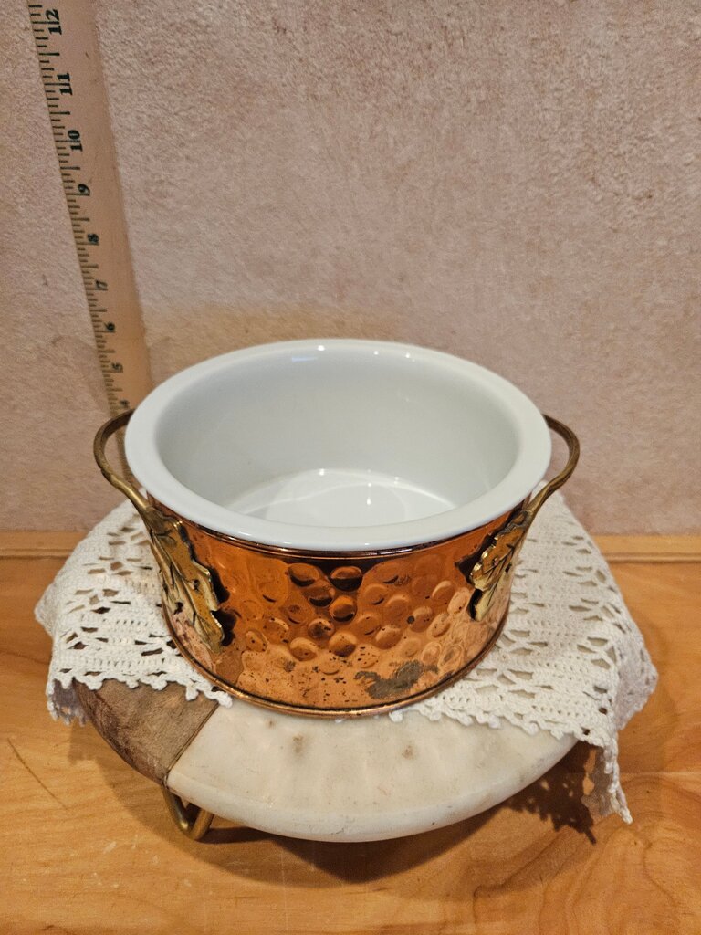 Vintage Telaflora Hammered Copper Ceramic Casserole Dish w Brass handles Serving dish upcycle copper planter, Gratin Dish