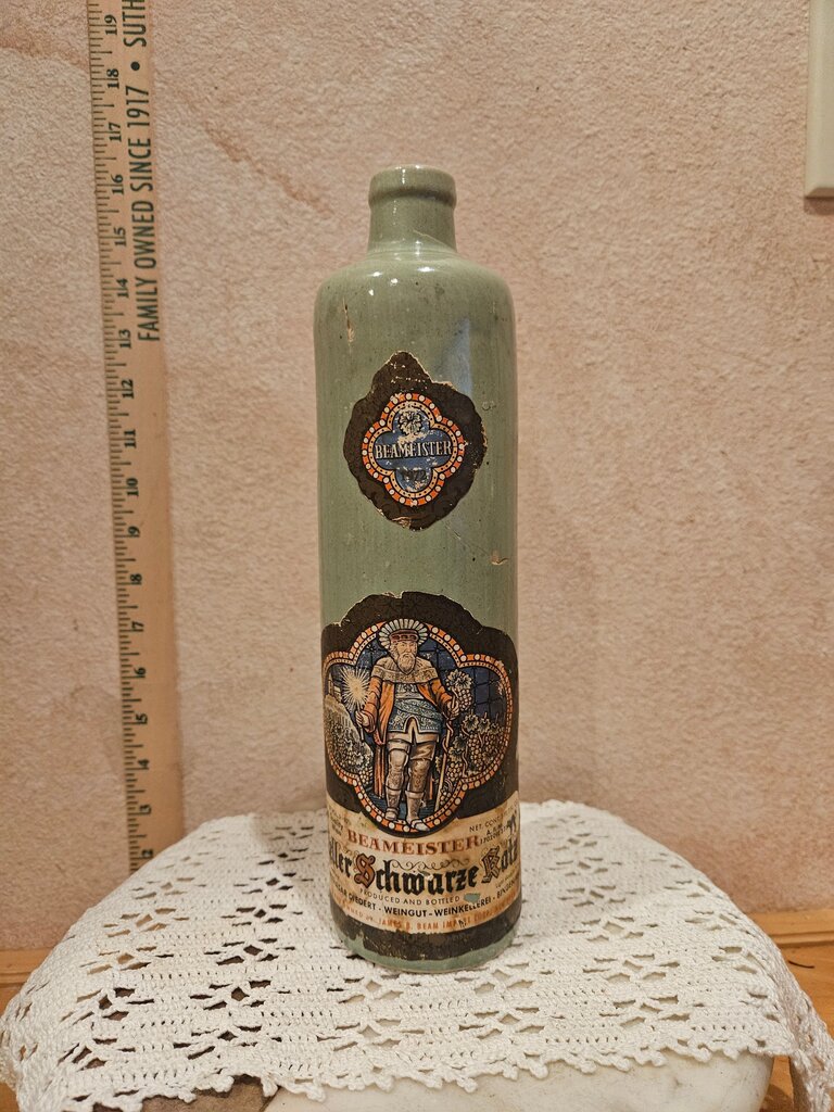Vintage 1973 Germain Stoneware Beameister Ceramic Olive Green Bottle w fancy Label