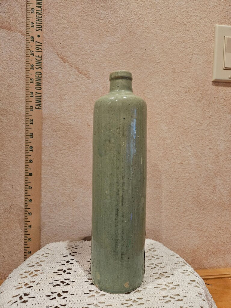 Vintage 1973 Germain Stoneware Beameister Ceramic Olive Green Bottle w fancy Label
