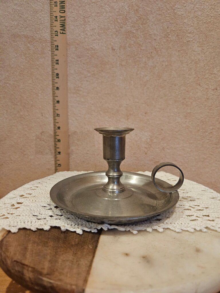 Vintage Pewter Handmade Hand Held Chamber Candleholder vanity tableware