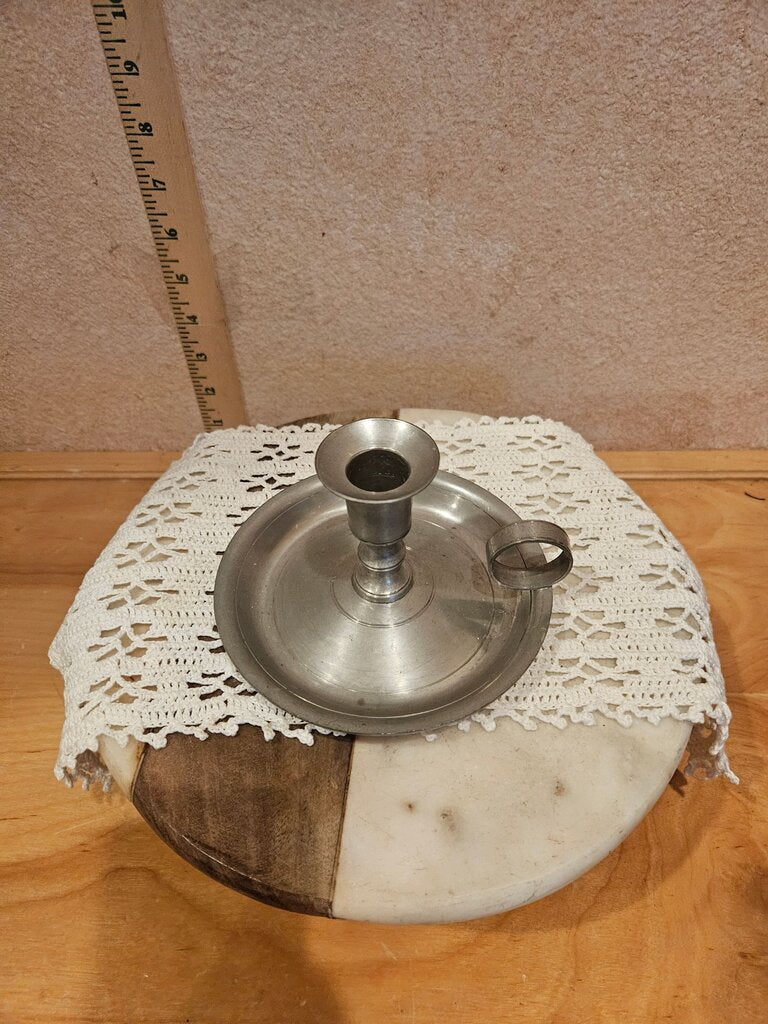 Vintage Pewter Handmade Hand Held Chamber Candleholder vanity tableware