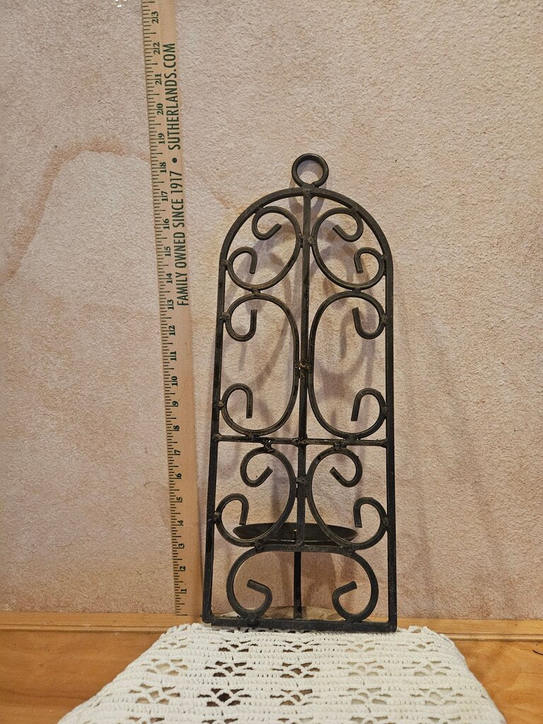 Vintage Ornate Metal Hanging Black Wrought-Iron Wall Sconce Pillar Candle Holders