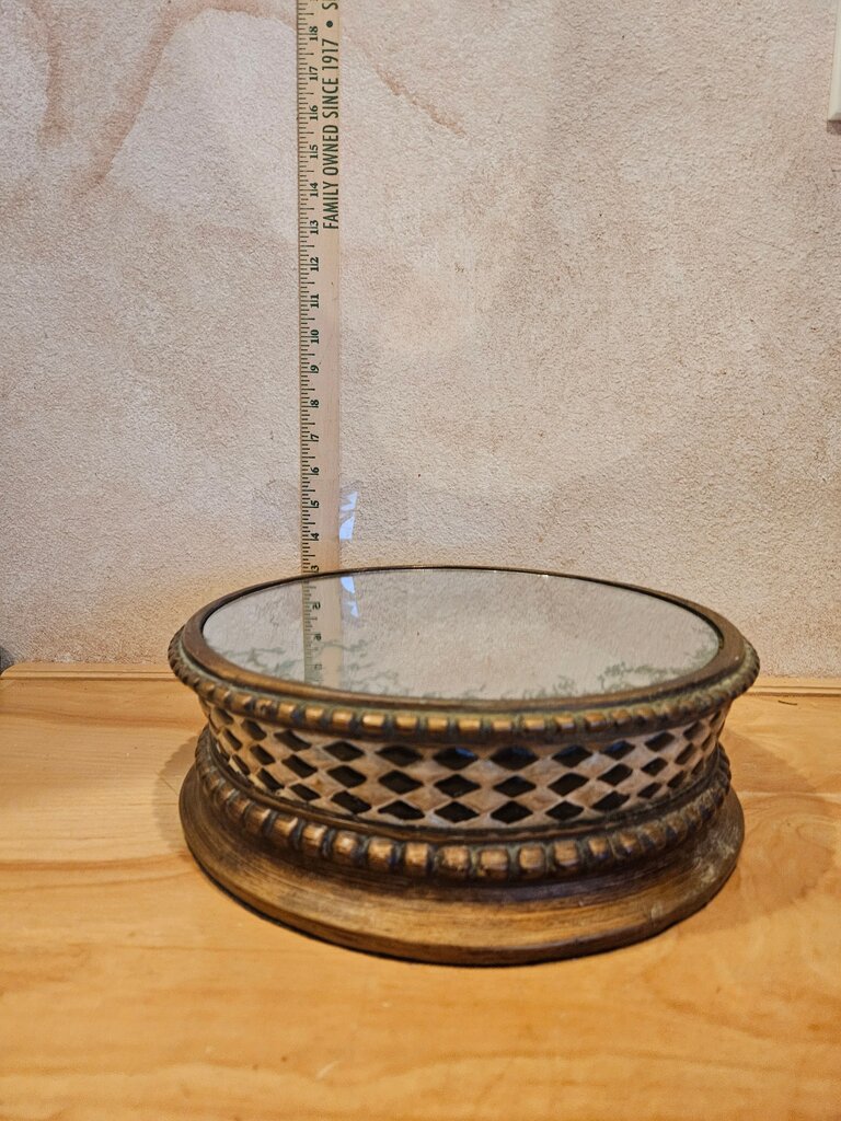 Round Beveled Vanity Pedestal Plateau Mirror Gold Silver plate Tray Ornate Cloche Base Mirrored Cake Plate, Stand, Plateau / Display Stand for Shop, Show, or Home