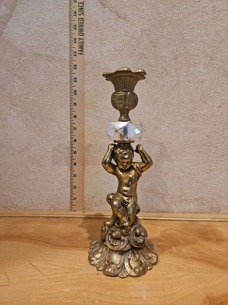 Vintage Gilded Baroque Cherub Pelter Angel Gold Gilt Pillar Candle Stick Holder w Crystal Glass Accent