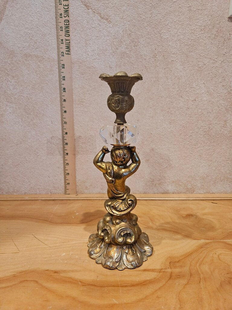 Vintage Gilded Baroque Cherub Pelter Angel Gold Gilt Pillar Candle Stick Holder w Crystal Glass Accent