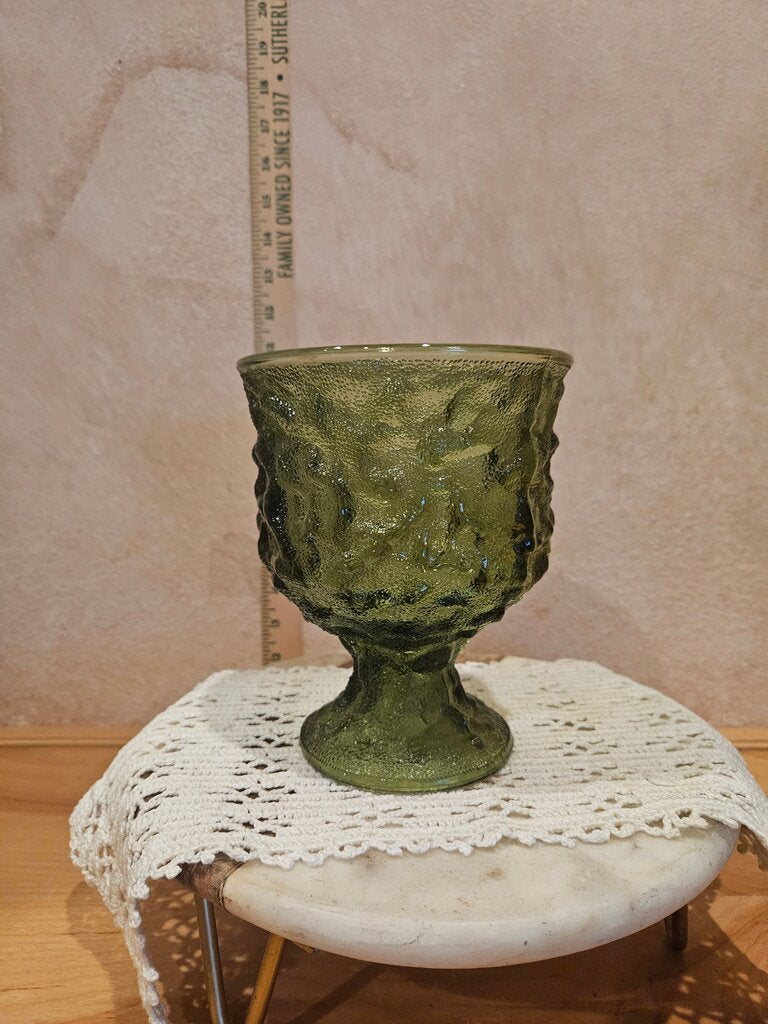 E.O. Brody Co Avocado Green 70s Crinkle Texture Glass Pedestal Bowl Planter Vase Vintage