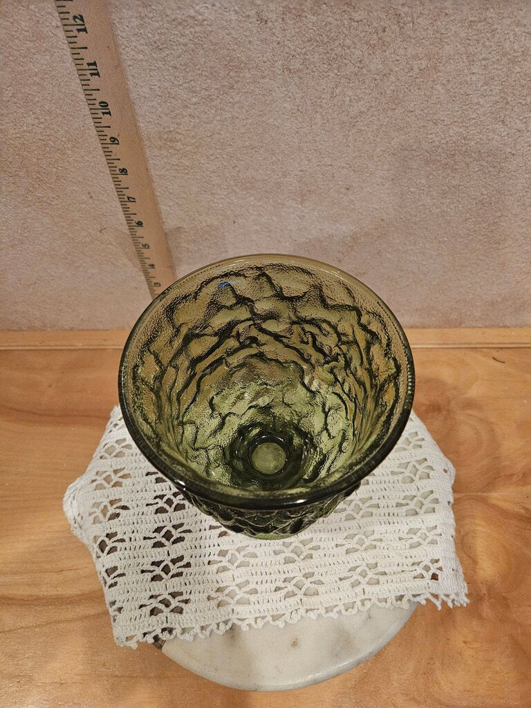 E.O. Brody Co Avocado Green 70s Crinkle Texture Glass Pedestal Bowl Planter Vase Vintage