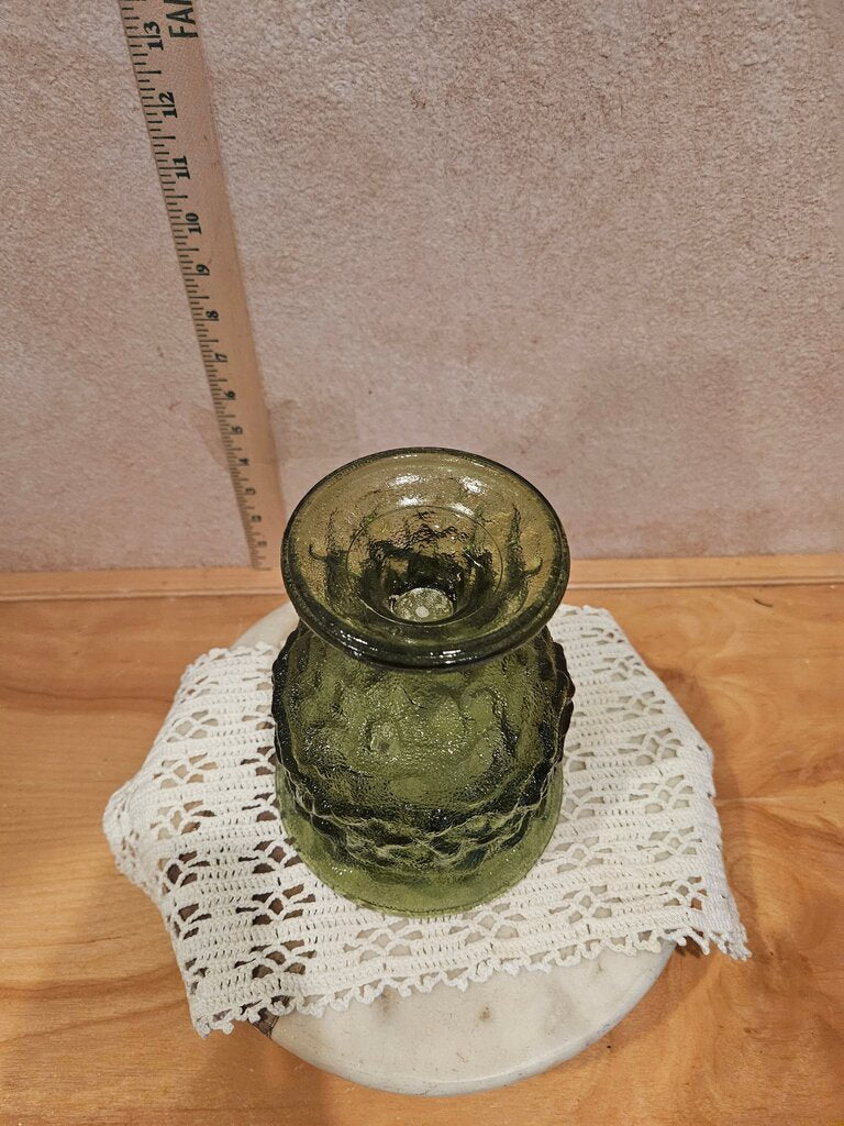 E.O. Brody Co Avocado Green 70s Crinkle Texture Glass Pedestal Bowl Planter Vase Vintage