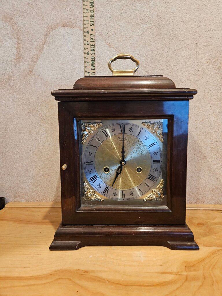 Vintage Sligh Mantle Clock Wooden Carriage Ornate Silver/Gold Dial, Wooden Finish, German Movement