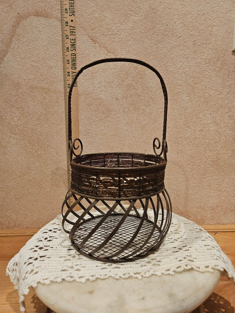 Vintage Twisted Open Metal & Wicker Egg Gathering / Display Basket w Mesh Bottom
