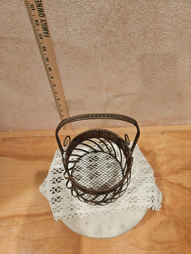 Vintage Twisted Open Metal & Wicker Egg Gathering / Display Basket w Mesh Bottom