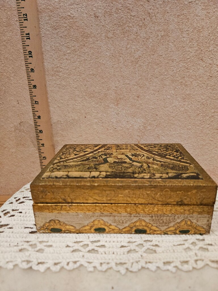 Vintage Florentine Italian Styled Gold Gilded Wooden Jewelry Gilt Box w Decoupaged Peacocks from Ancient Byzantine Mosaic Tile