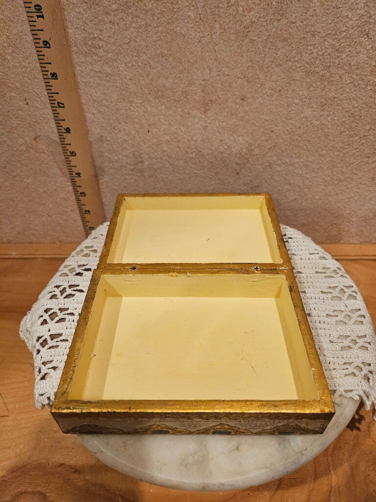 Vintage Florentine Italian Styled Gold Gilded Wooden Jewelry Gilt Box w Decoupaged Peacocks from Ancient Byzantine Mosaic Tile