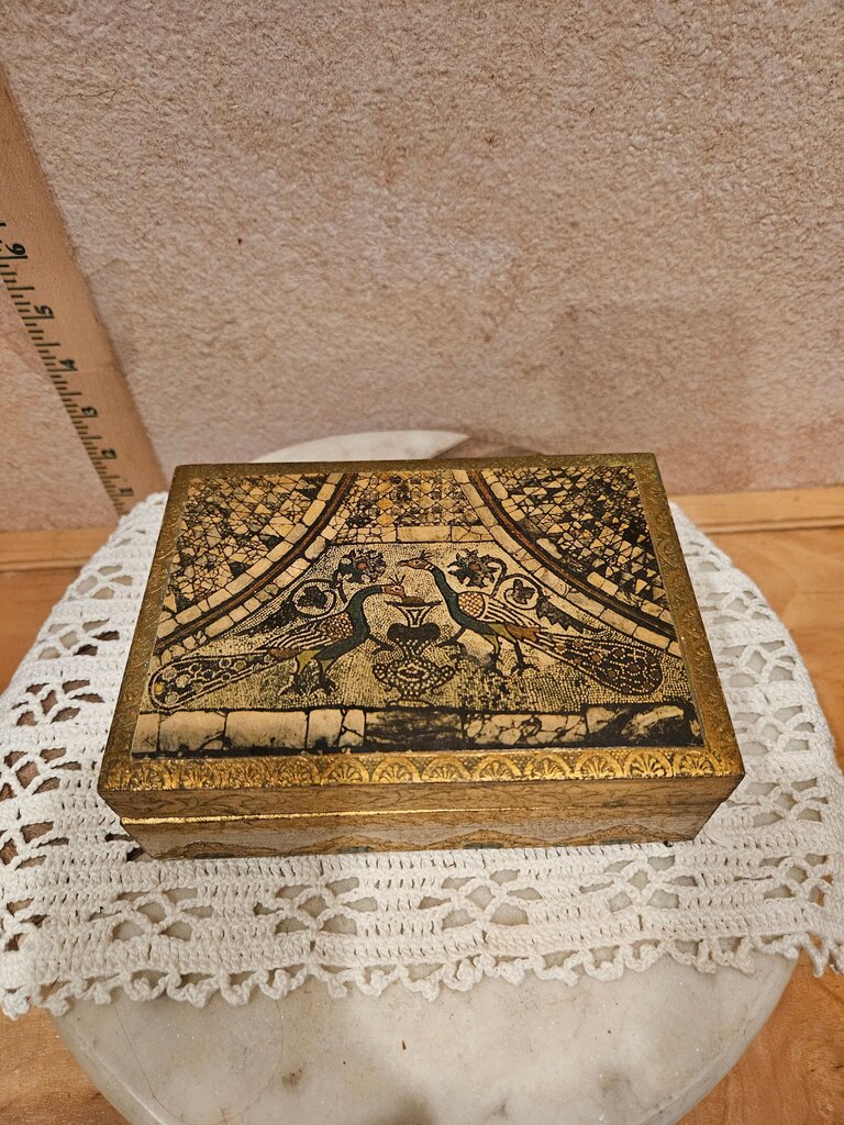 Vintage Florentine Italian Styled Gold Gilded Wooden Jewelry Gilt Box w Decoupaged Peacocks from Ancient Byzantine Mosaic Tile