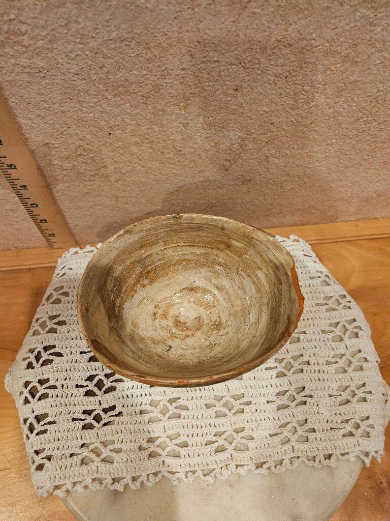 Vintage Primitive Rustic Handmade Terracotta Pottery Bowl w Pouring Spout Black Pottery Bowl w Sun Design