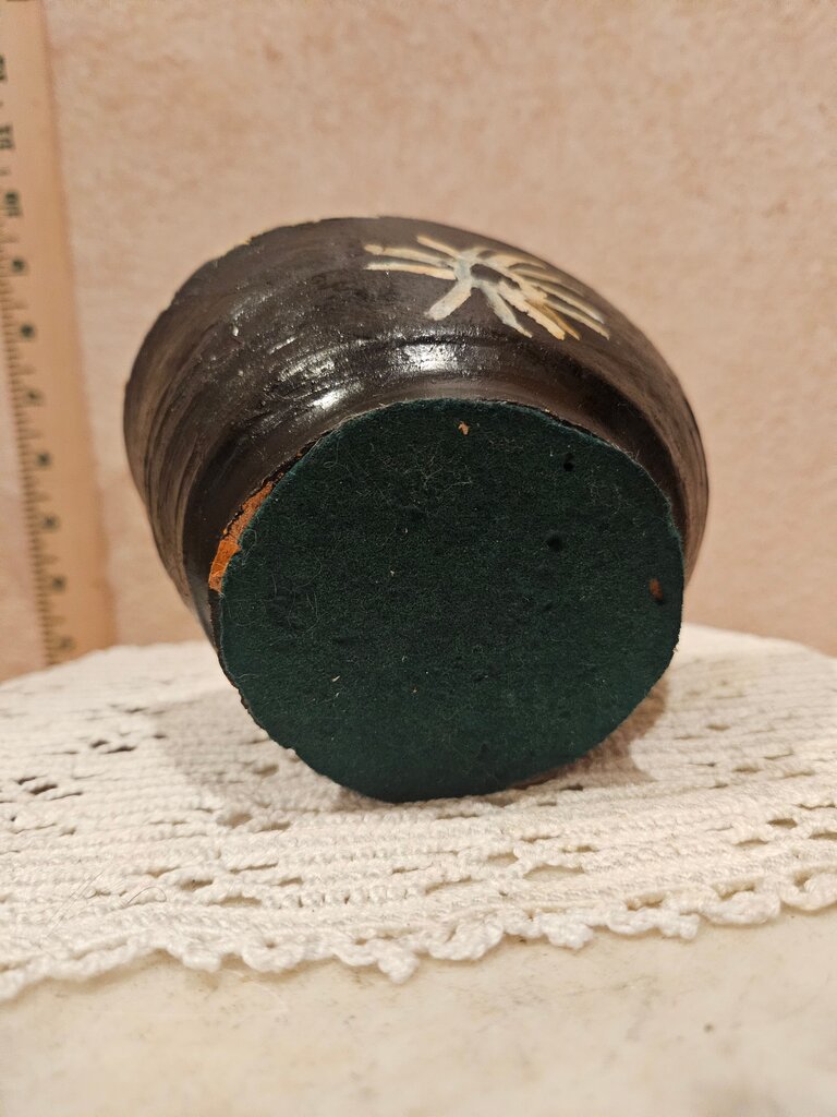 Vintage Primitive Rustic Handmade Terracotta Pottery Bowl w Pouring Spout Black Pottery Bowl w Sun Design