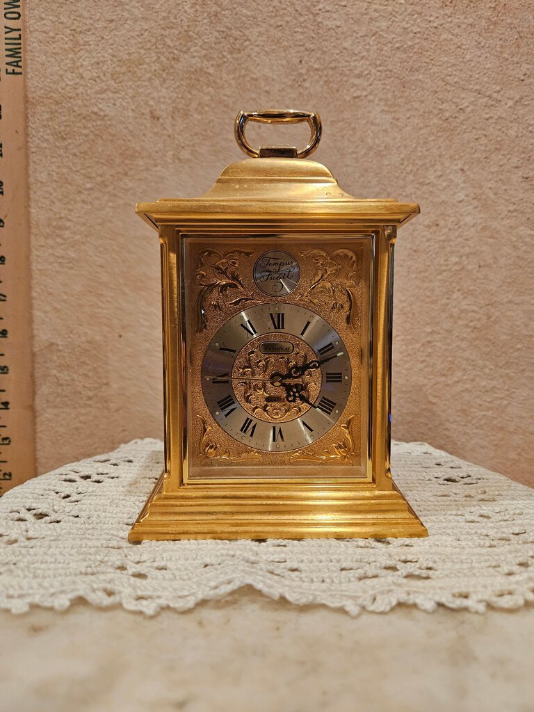 Vintage Gold Gilt Mantel Carriage Clock w Luminous Dial linden Quartz Movement Fine Art Timepiece Tempus Fugit Rhythm Table Clock