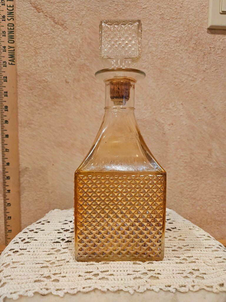 1960's Old Forester Marigold Peach / Light Amber Carnival Diamond Cut Glass Bar Cart Decor, Bourbon Whiskey Vodka Decanter barware tableware