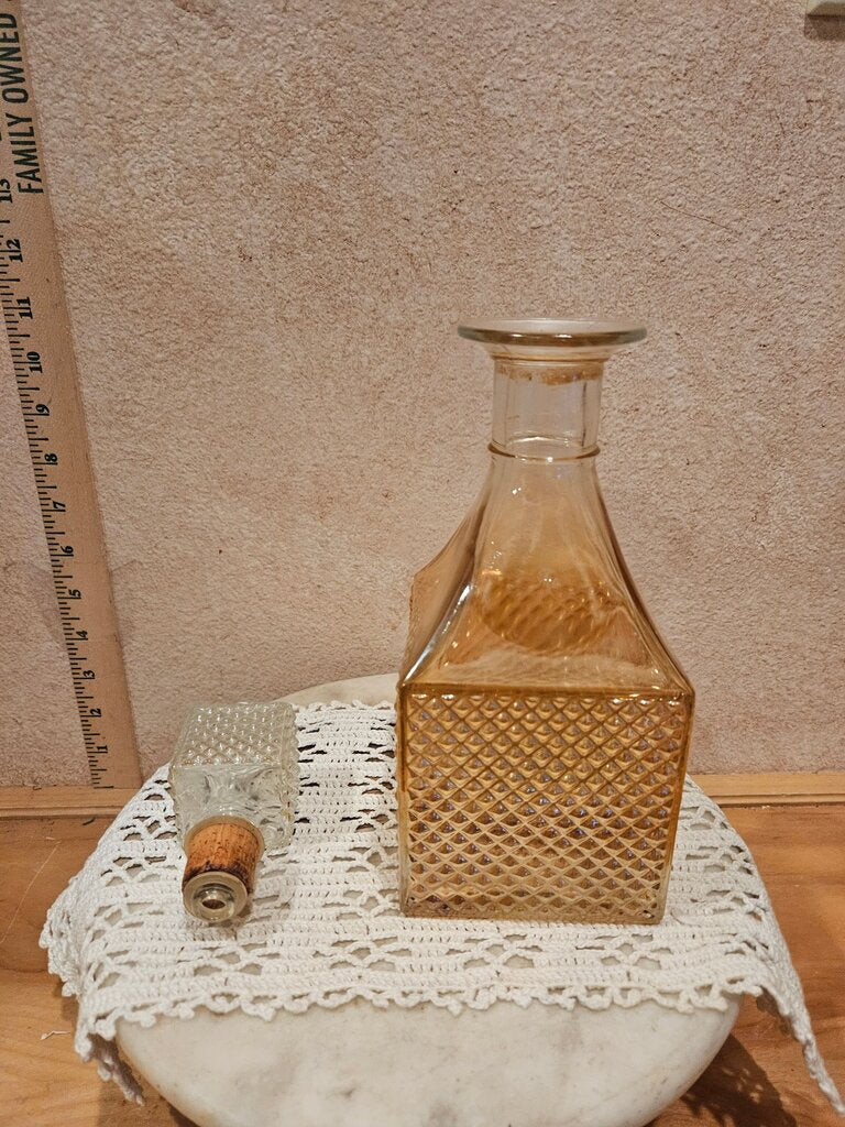 1960's Old Forester Marigold Peach / Light Amber Carnival Diamond Cut Glass Bar Cart Decor, Bourbon Whiskey Vodka Decanter barware tableware