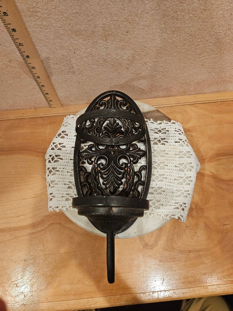 Vintage Primitive Rustic Ornate Oval Wall Mounted Cast Iron Candle Holder upcycle to dry flower arrangement holder 12'' Tall