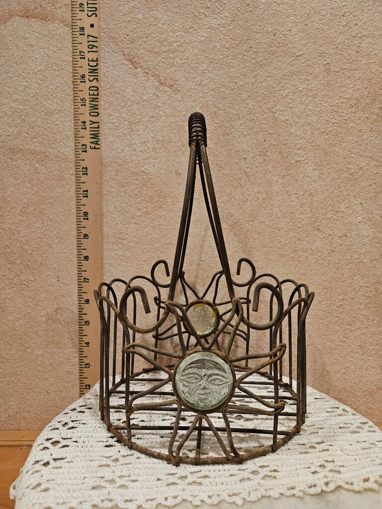 Vintage Rare Mid Century Green Glass Mr Sun Metal Wire MCM 70's Basket Celestial Jardinière Plant Garden Table Knickknack Display