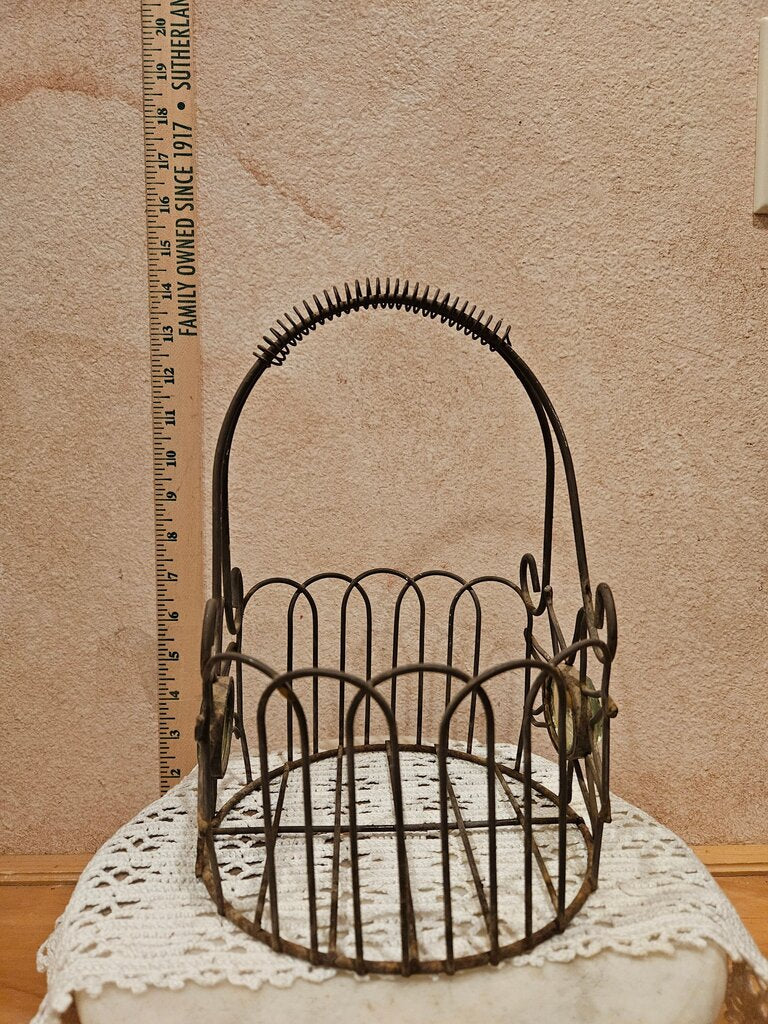 Vintage Rare Mid Century Green Glass Mr Sun Metal Wire MCM 70's Basket Celestial Jardinière Plant Garden Table Knickknack Display