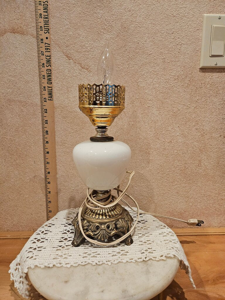 Vintage Accurate Casting Electric Floral Parlor Hurricane Lamp Milk Glass Light on brass base