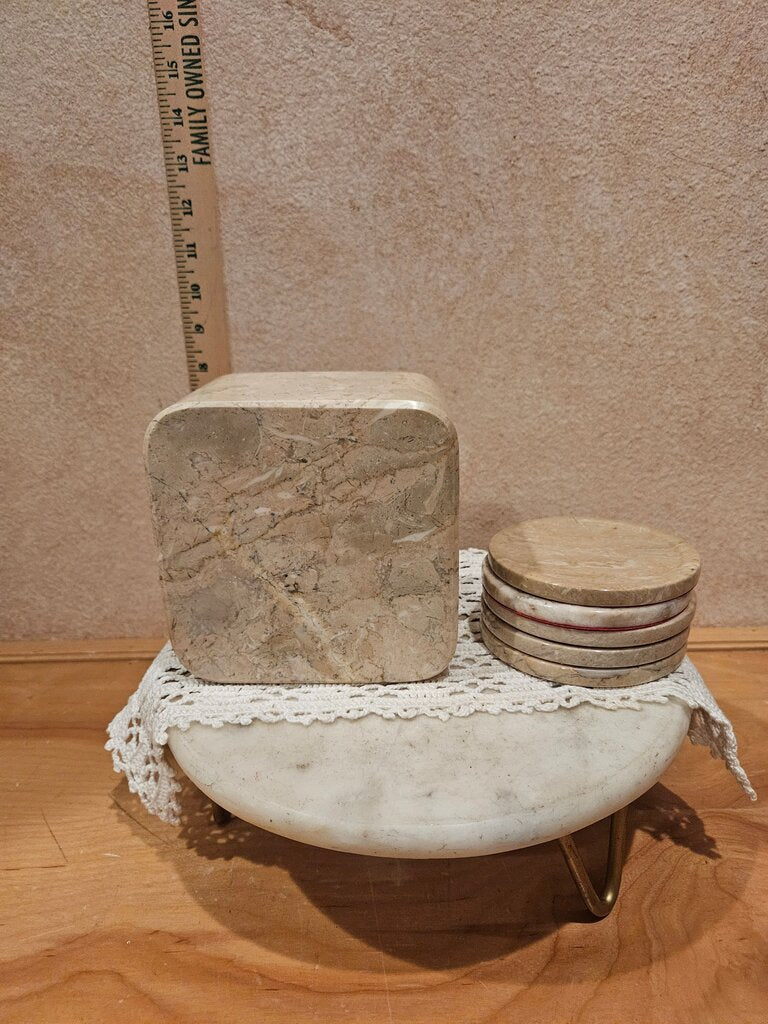 Marble Square Holder Drink Art Heavy Beverage Cigar Coaster Holder w coasters barware tableware Grannycore Cottage Granny Country Core