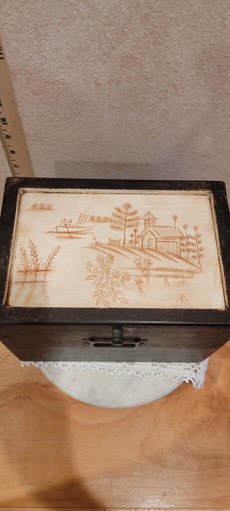 Vintage Wooden Document / Tea / DVD Storage Box, Primitive Painted Hinged Lidded box