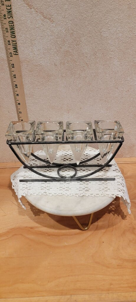 Modern Decorative Square/Triangular Glass Candle Holders W/ Brutalist Metal Stand Four-spot Clear Candle Holder