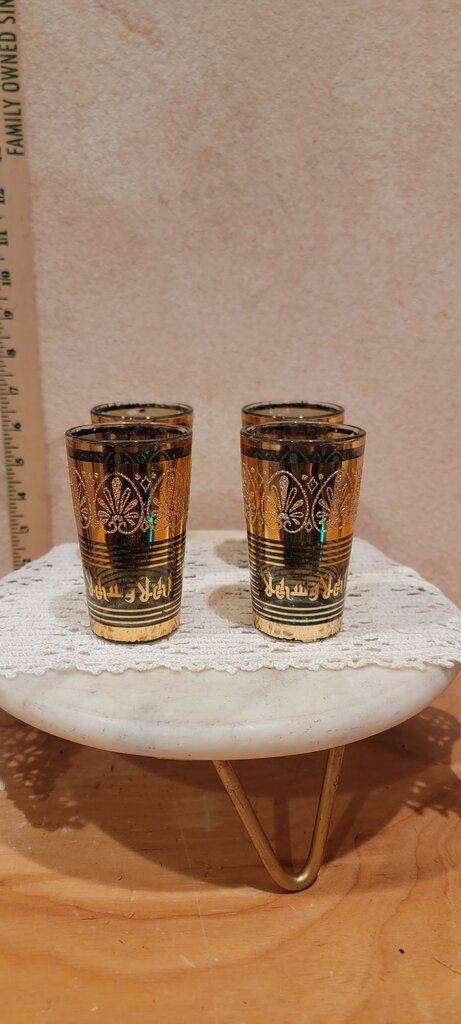 Mid Century Set of 4 Black & Gold Highball Elegant Glasses MCM Glassware BarWare Set 22K Gold