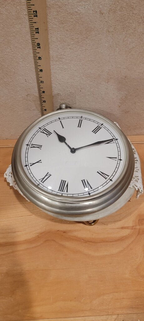 "Large Chrome Pocket-Watch Style" Quartz Wall Mount Clock, 9 x 11 Inches black roman numerals. Battery operated