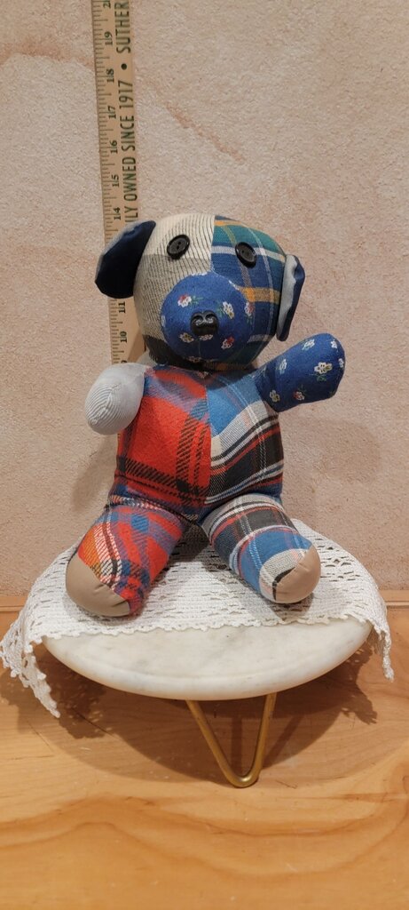 Plush Fabric Patchwork Cloth Stuffed Animal BEAR Handsewn Thick Stuffed MEMORY? Country Farmhouse Chic Grannycore Cottage Core