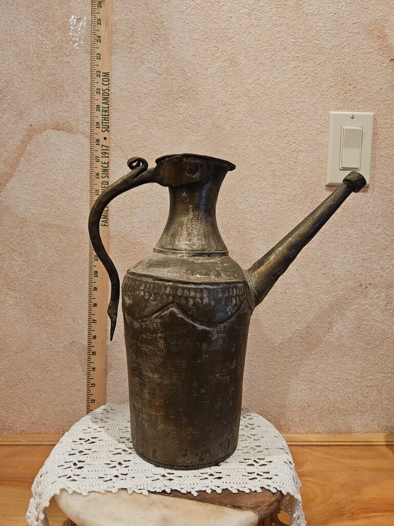 Antique Turkish Water Can Kettle Embossed Scalloped Dovetail Teapot Brass Copper pitcher Ewer Brutalist Decor