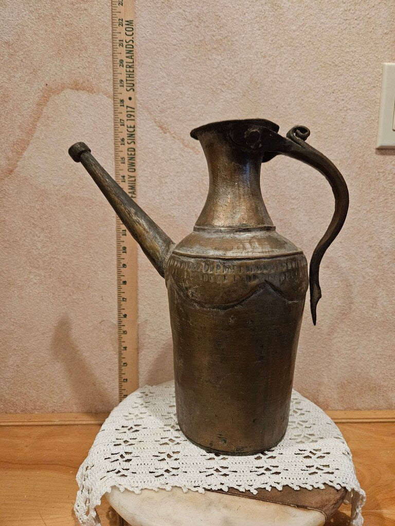 Antique Turkish Water Can Kettle Embossed Scalloped Dovetail Teapot Brass Copper pitcher Ewer Brutalist Decor