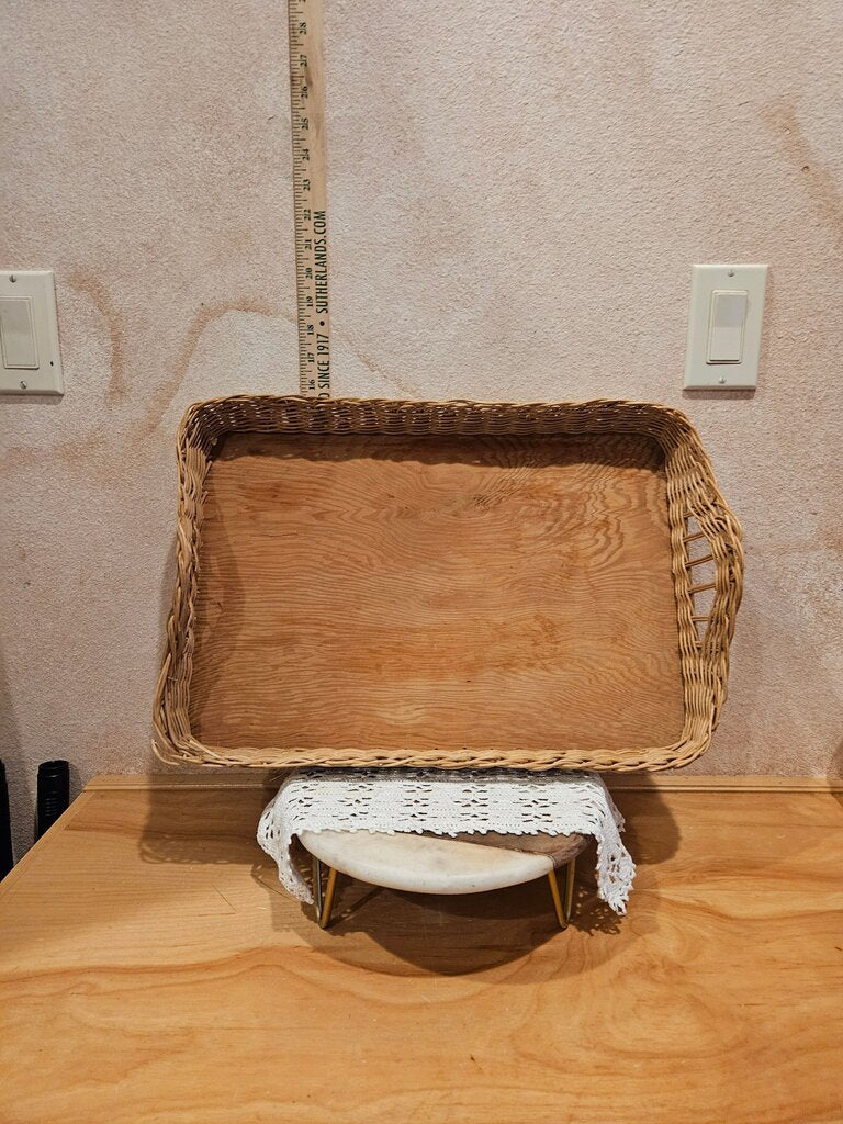 Vintage Barware Rattan large rectangular tray w handles & wooden base, sturdy quality, vintage 80s boho chic, wickerwork Serving display
