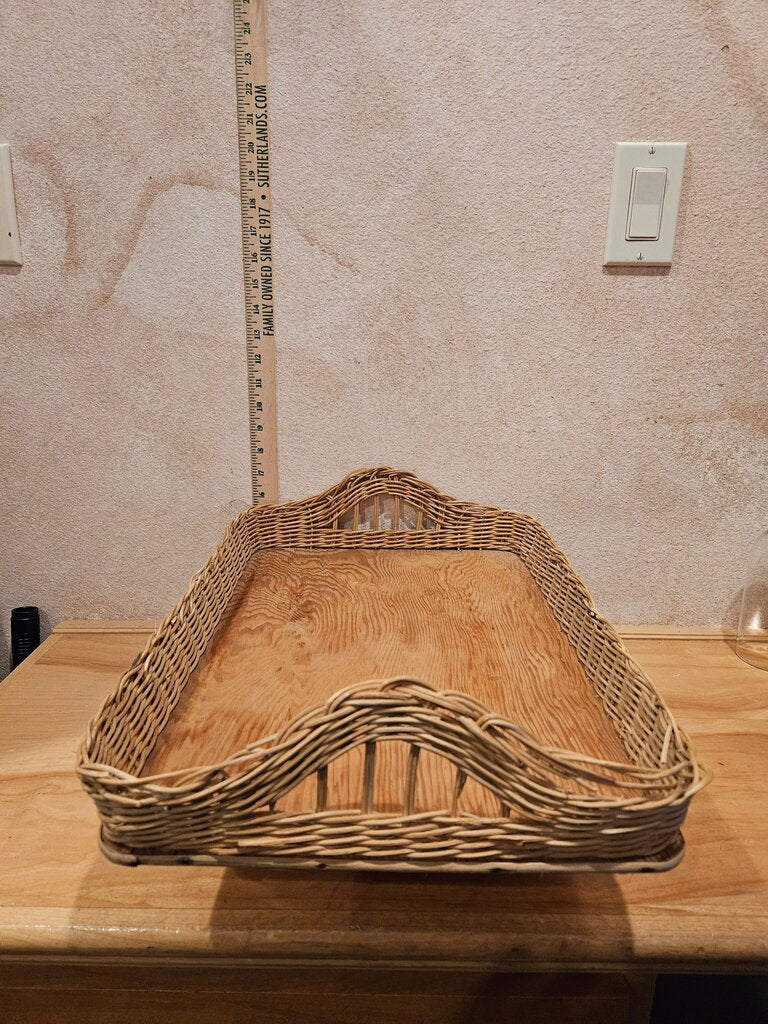 Vintage Barware Rattan large rectangular tray w handles & wooden base, sturdy quality, vintage 80s boho chic, wickerwork Serving display