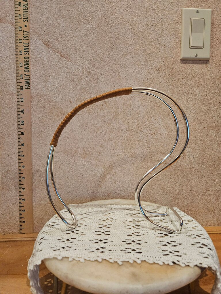 Vintage Sleek Mid-Century Modern Chrome & Rattan Accent Carl Aubock Wine Bottle Holder Stand Barware