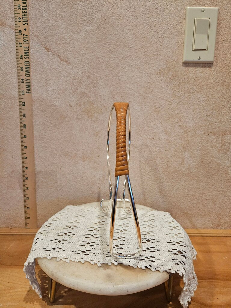 Vintage Sleek Mid-Century Modern Chrome & Rattan Accent Carl Aubock Wine Bottle Holder Stand Barware