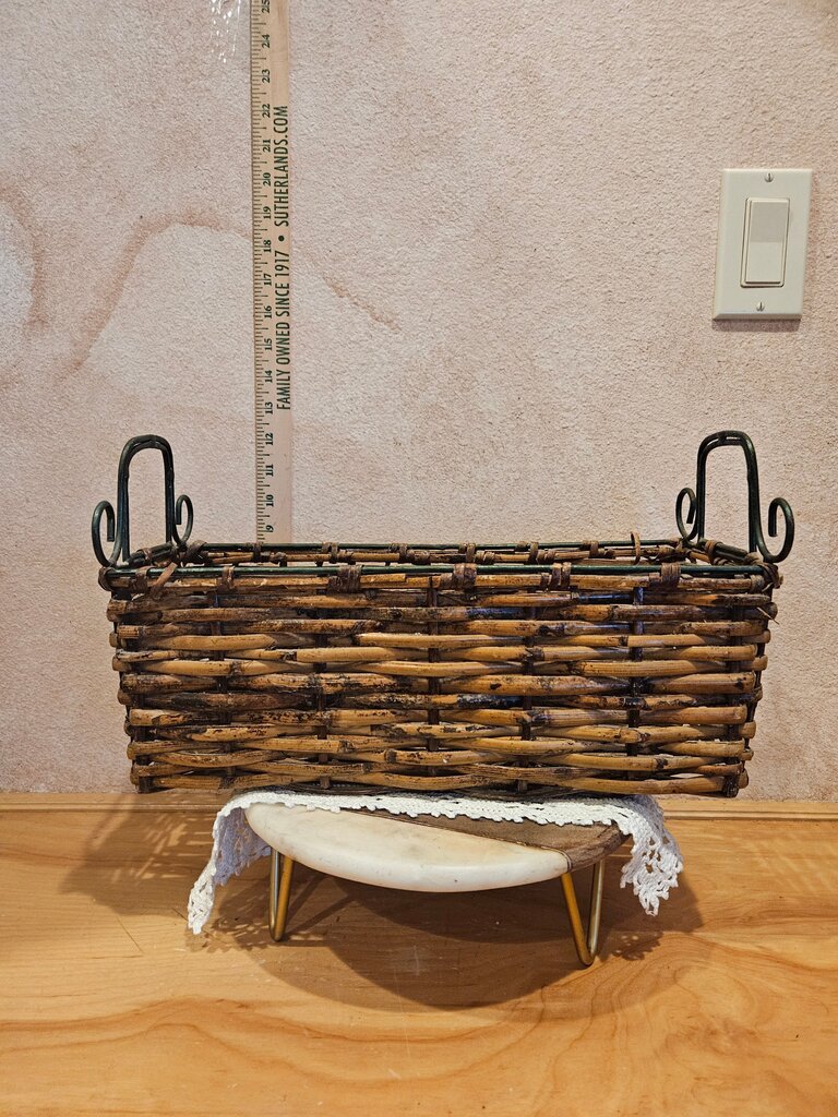 Vintage Vintage Wicker Rattan Woven Basket w Distressed Iron / Metal Scroll Handles Perfect for Media, book display, cds dvds knickknacks