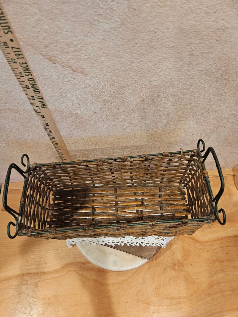 Vintage Vintage Wicker Rattan Woven Basket w Distressed Iron / Metal Scroll Handles Perfect for Media, book display, cds dvds knickknacks