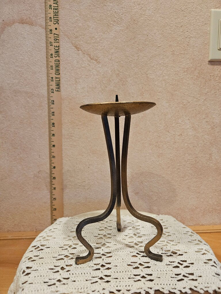 Vintage Brutalist Gold Gilded Iron Candle Holder on tall legs Hollywood Regency Style