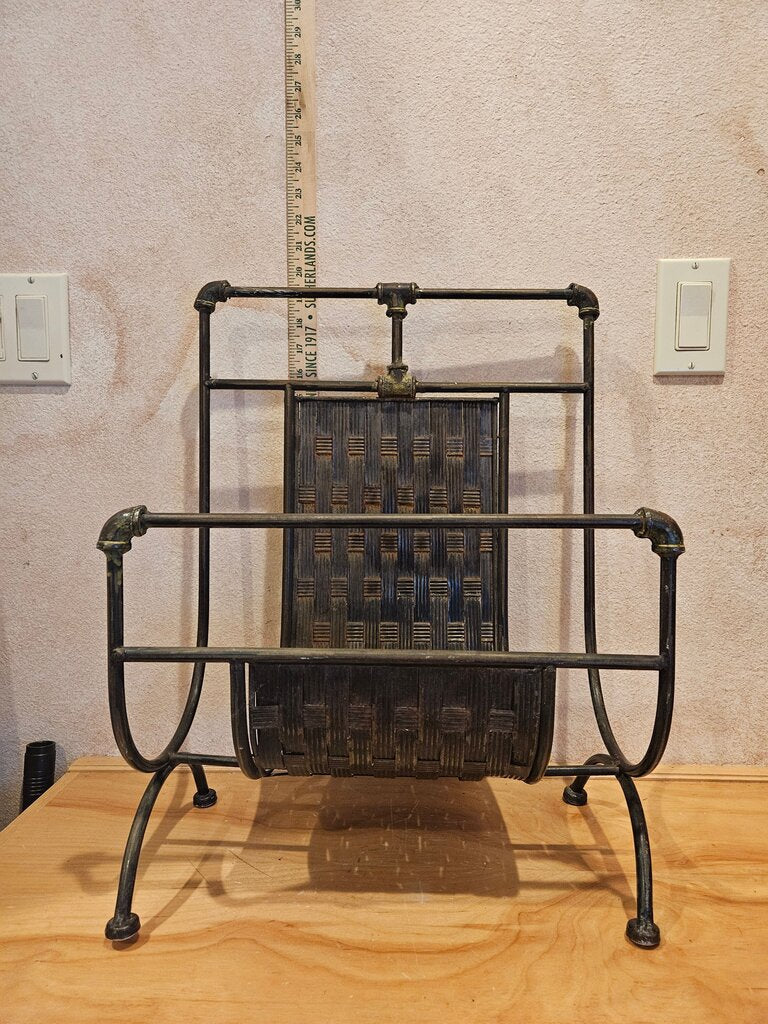 Vintage brutalist cast iron & rattan basket weave magazine rack , book holder, Picture / print / art display