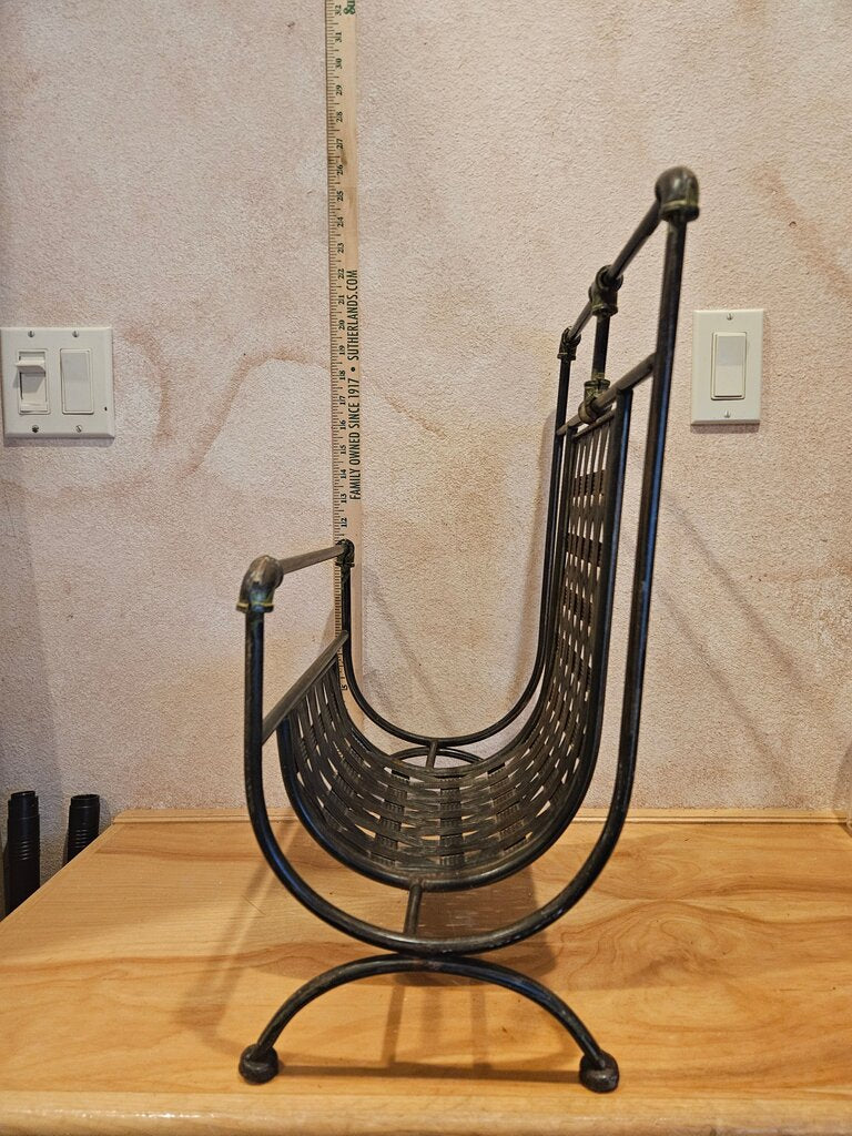 Vintage brutalist cast iron & rattan basket weave magazine rack , book holder, Picture / print / art display